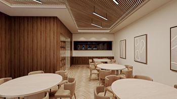 A rendering of a dining room with tables and chairs